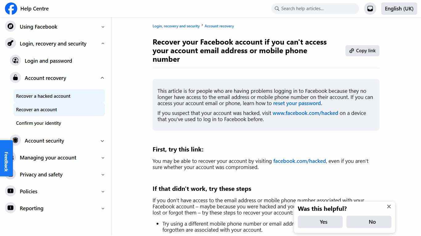 Recover your Facebook account if you can't access your account email address or mobile phone number Facebook Help Centre